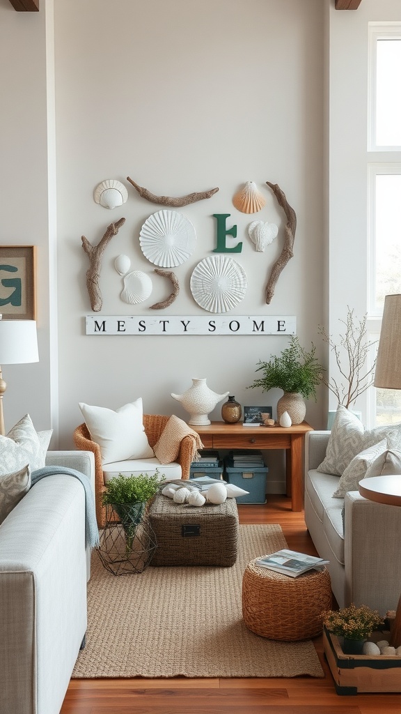 A beach-themed wall decor featuring seashells, driftwood, and letters in a coastal living room setting.