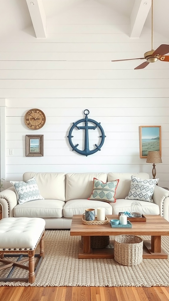 A cozy beach house living room with a light-colored leather sofa, colorful throw pillows, a rustic wooden coffee table, and nautical decor.