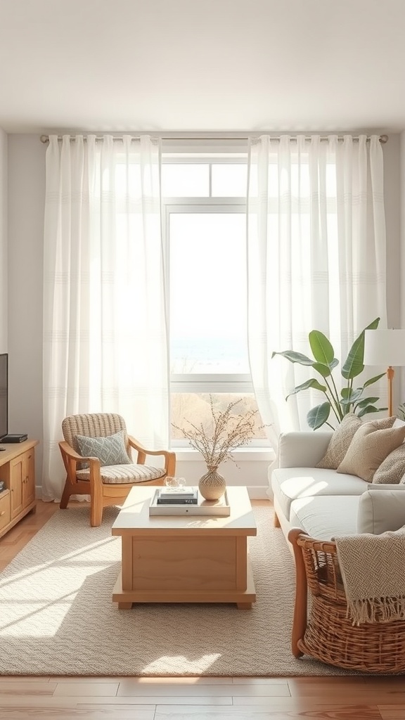 Bright coastal living room with light curtains and natural decor