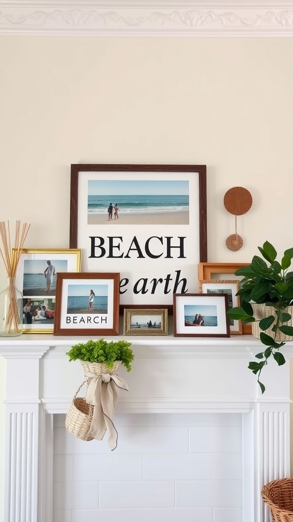 Beach-themed photo display on a mantel with various framed pictures, a hanging plant, and decorative elements.