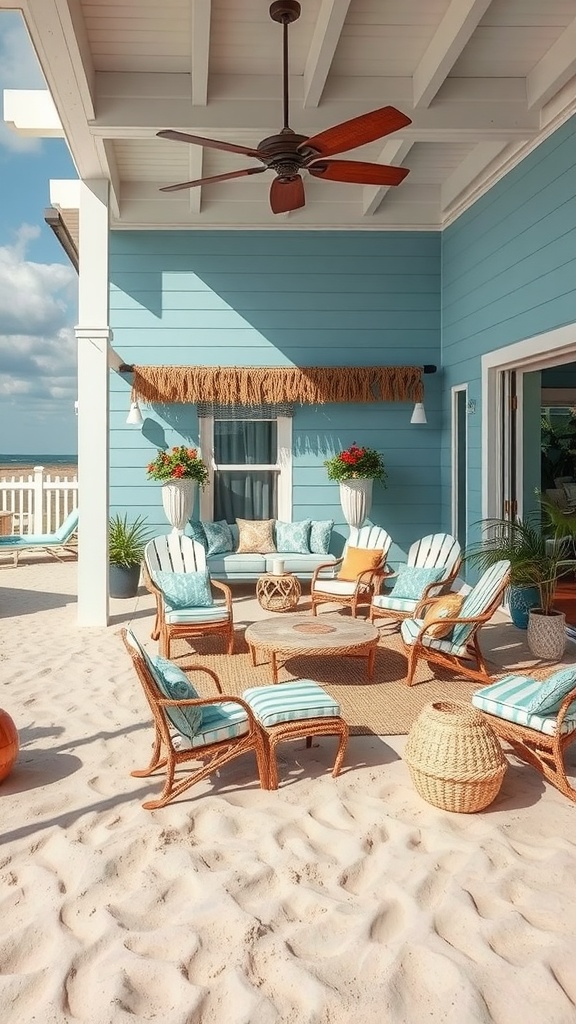 Outdoor living space with beachy decor, featuring light blue walls and comfortable seating.