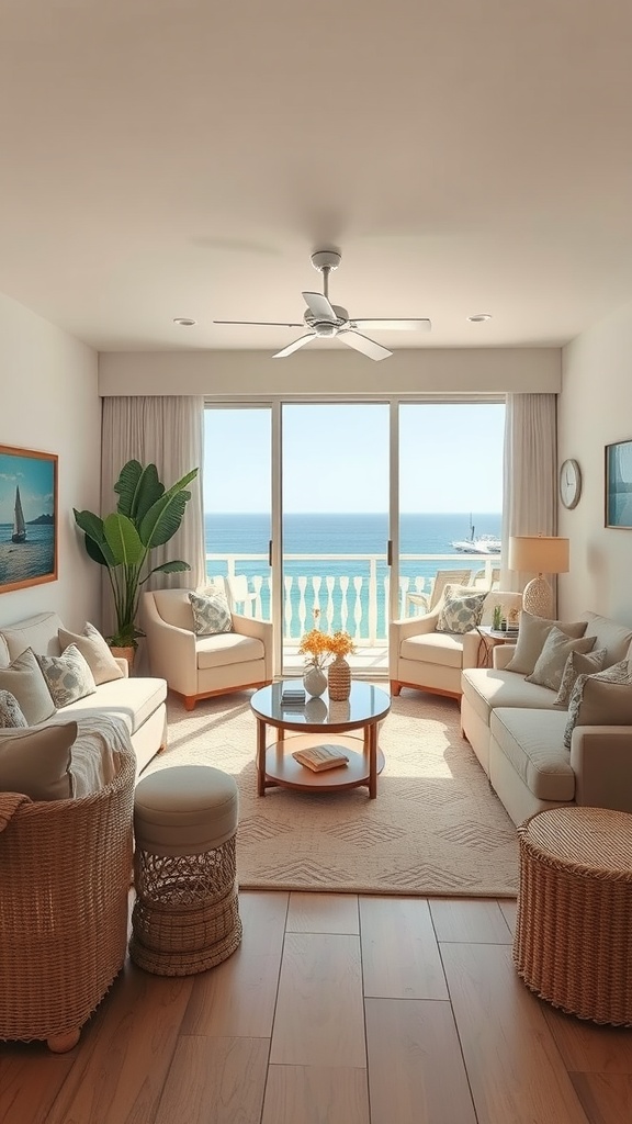 A cozy beige living room with a view of the ocean, featuring comfortable seating and natural decor.