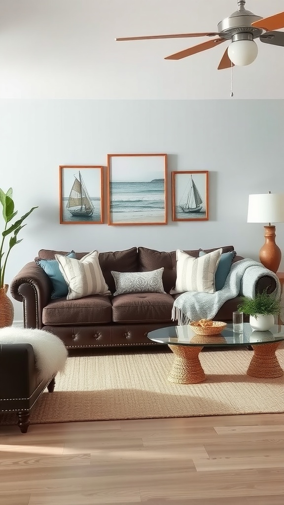 A cozy living room featuring a dark brown sofa with decorative cushions, a glass coffee table, and nautical-themed wall art, creating a beachy atmosphere.