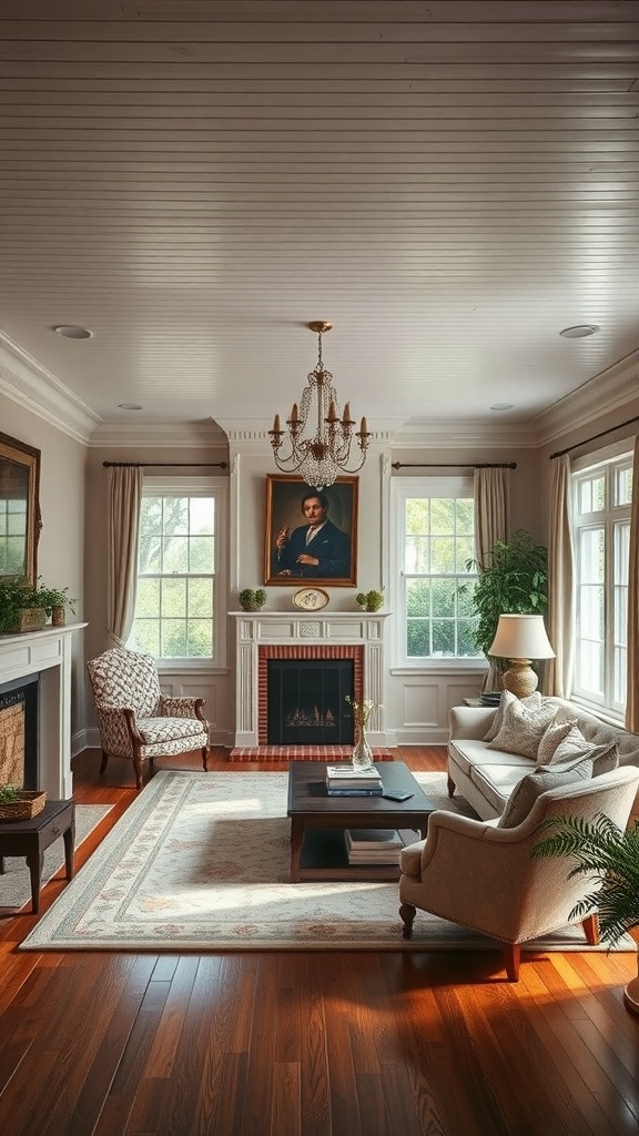 Living room featuring a beadboard ceiling, elegant furniture, and a warm, inviting atmosphere.