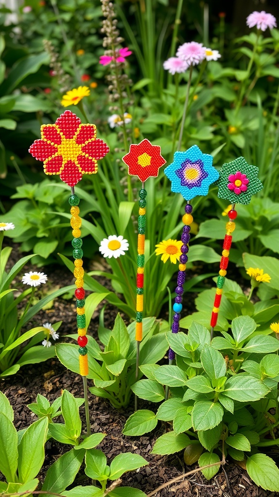 Colorful beaded flower garden stakes among blooming flowers