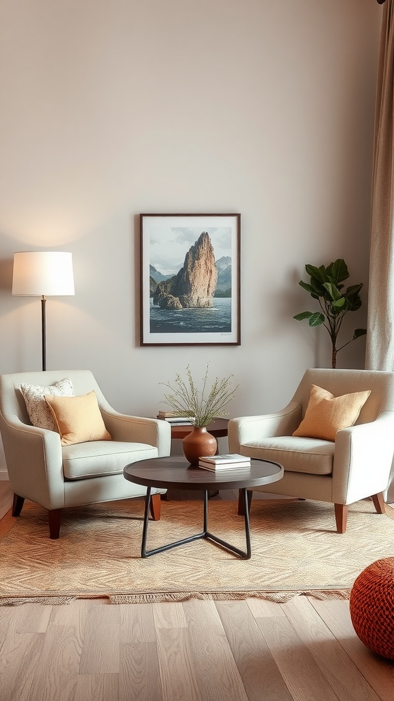 A cozy living room featuring two beige accent chairs with orange cushions, a round coffee table, a floor lamp, and a potted plant.