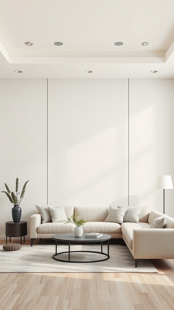 A cozy living room featuring a beige accent wall with a beige sofa, round coffee table, and potted plants.