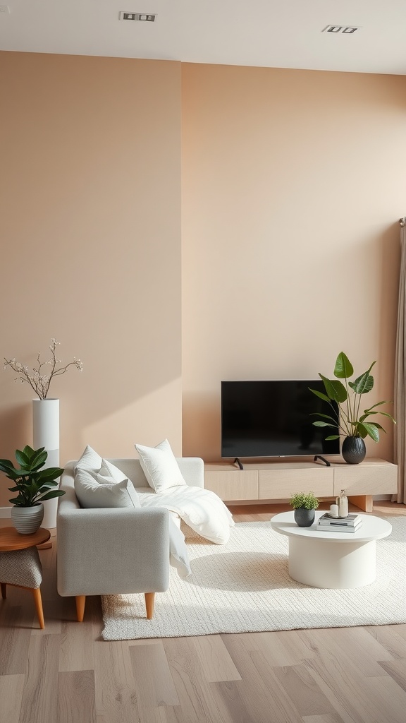 A living room featuring a beige accent wall, white furniture, and green plants, creating a cozy and modern atmosphere.