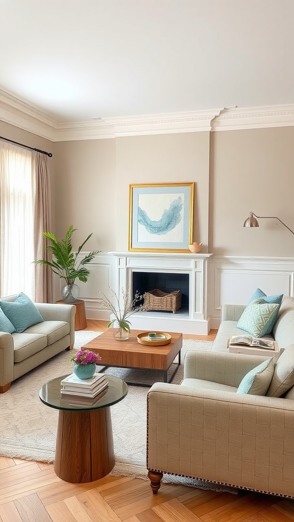 A beige living room featuring blue cushions and a decorative artwork.