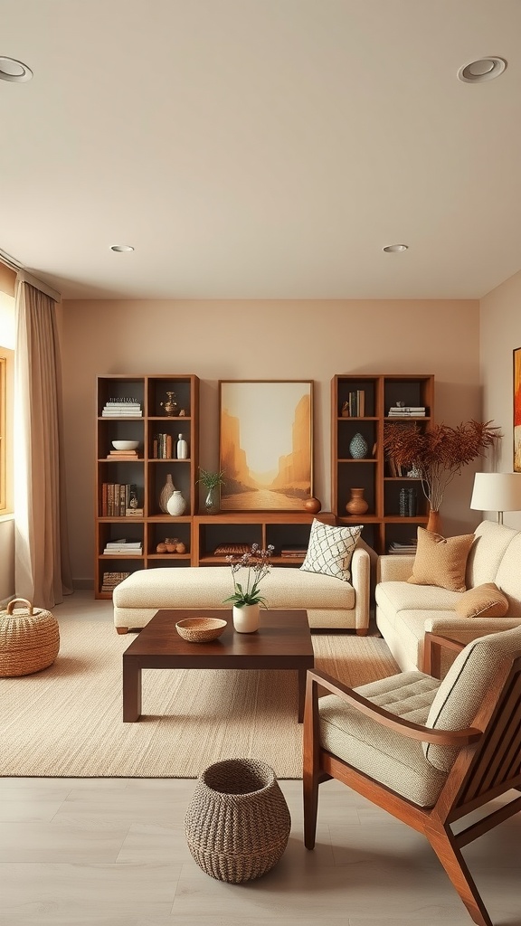 A cozy living room featuring beige walls, a light sofa, wooden shelves, and earthy decor.