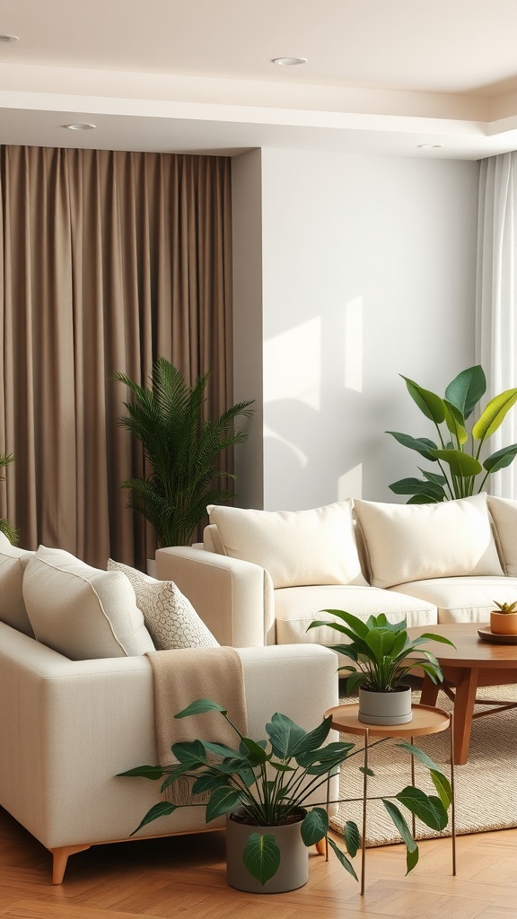 Living room with beige furniture and green plants, creating a fresh atmosphere.