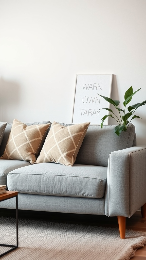 A cozy grey sofa with beige geometric patterned pillows, a small coffee table, and a potted plant in a beige and grey living room.