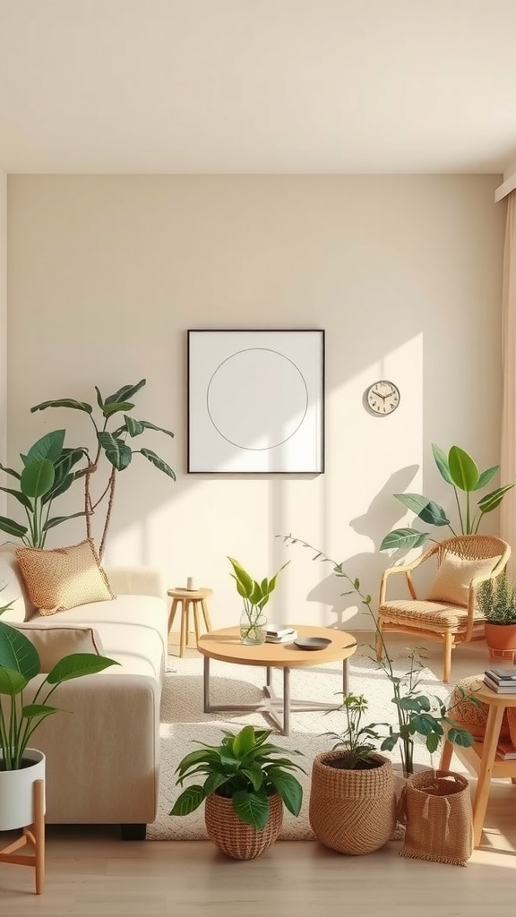 A cozy living room decorated with beige tones, natural plants, and light wooden furniture.