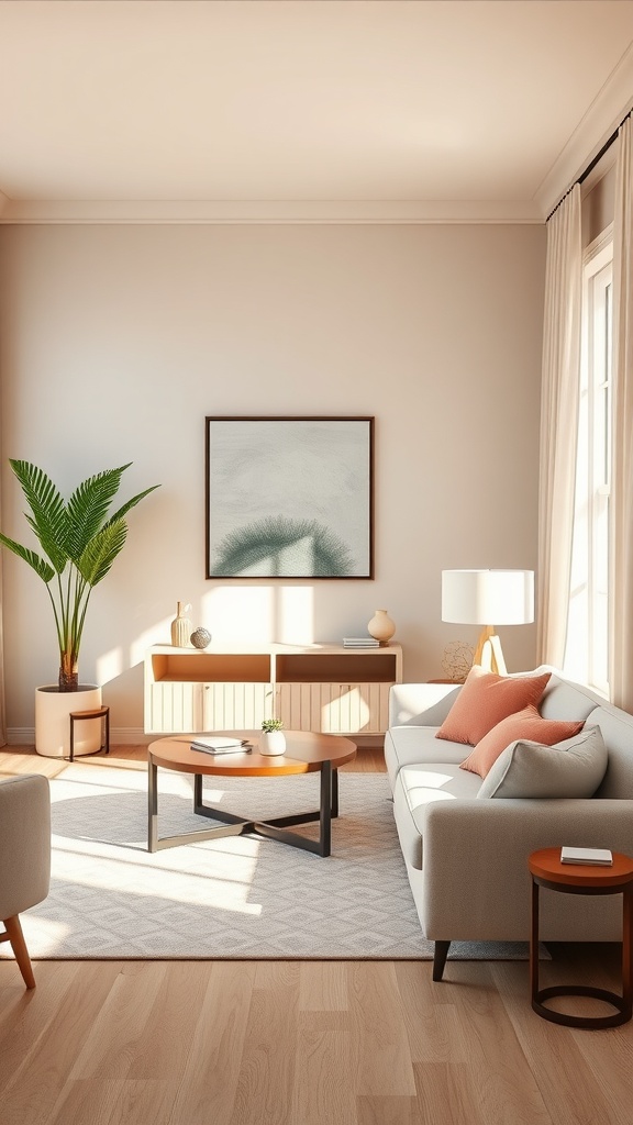 Cozy beige living room with pastel decor, featuring a plant, a coffee table, and soft furniture.