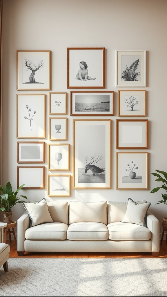 A beige and white living room featuring a gallery wall of black and white artwork in wooden frames, complemented by a light sofa and plants.