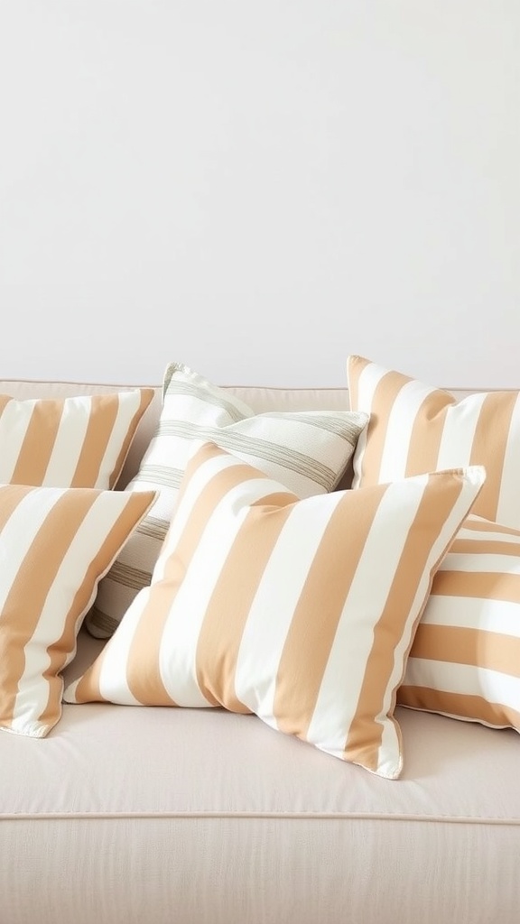 Beige and white striped accent pillows on a sofa