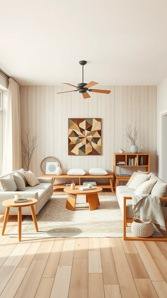 A cozy living room featuring beige colors and wooden furniture, with a decorative wall art piece.