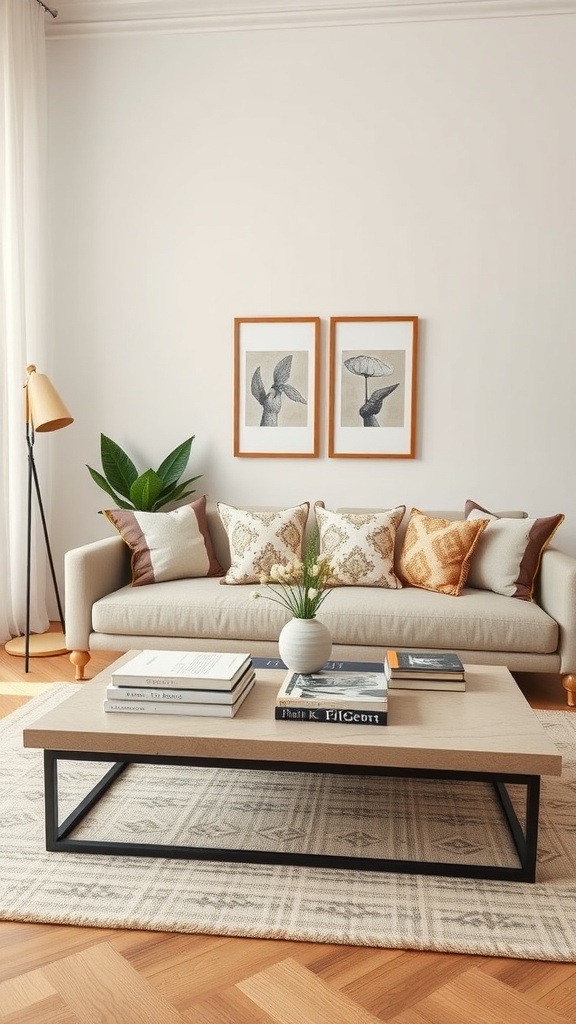 A beige living room featuring a modern coffee table styled with books and a vase of flowers.