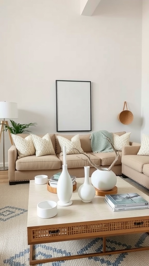 A beige coffee table in a living room decorated with white accessories and books.