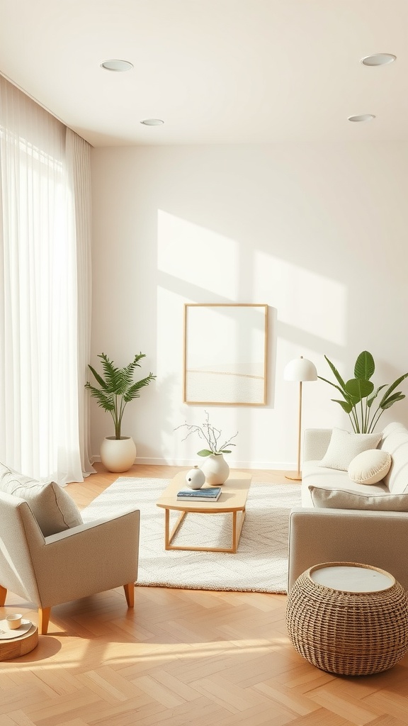 A beige living room with natural light, featuring soft furniture, plants, and a wooden floor.