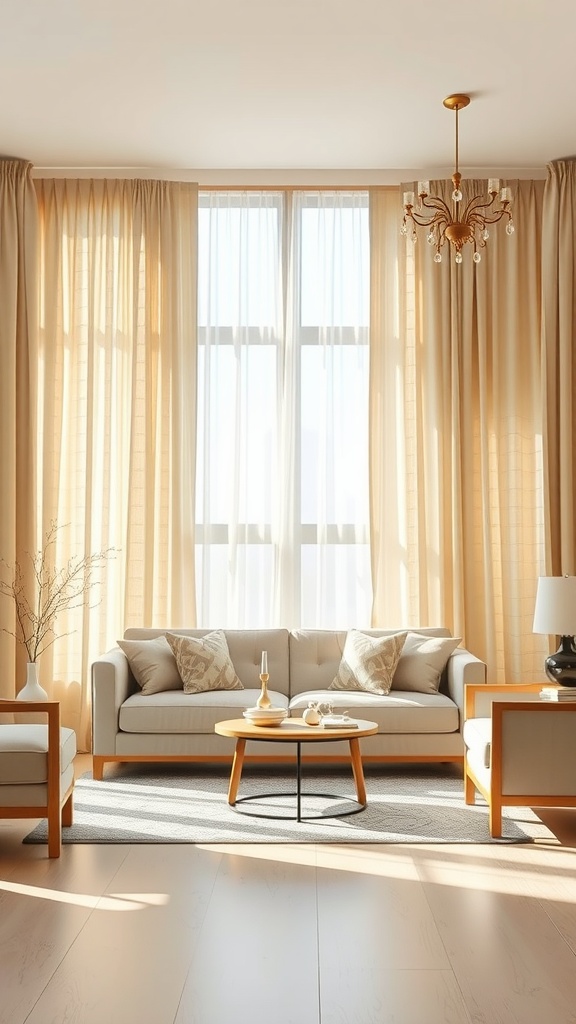 A bright living room featuring beige curtains and soft furnishings, allowing natural light to filter through.