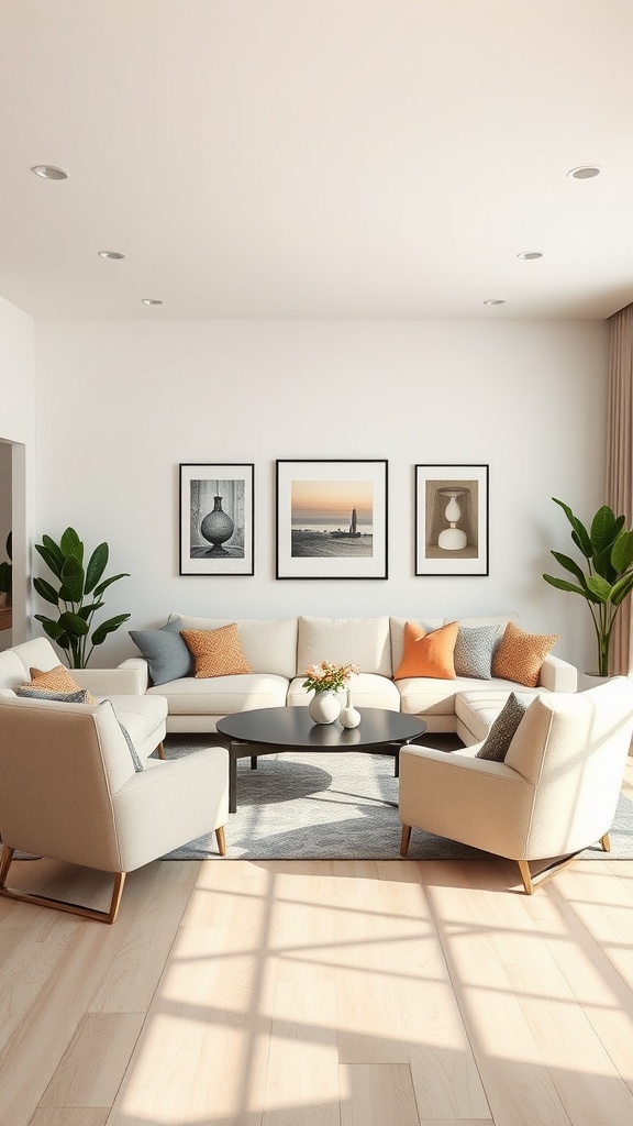 A beige living room featuring a sectional sofa, accent pillows, a black coffee table, framed artwork, and plants, illuminated by natural light.