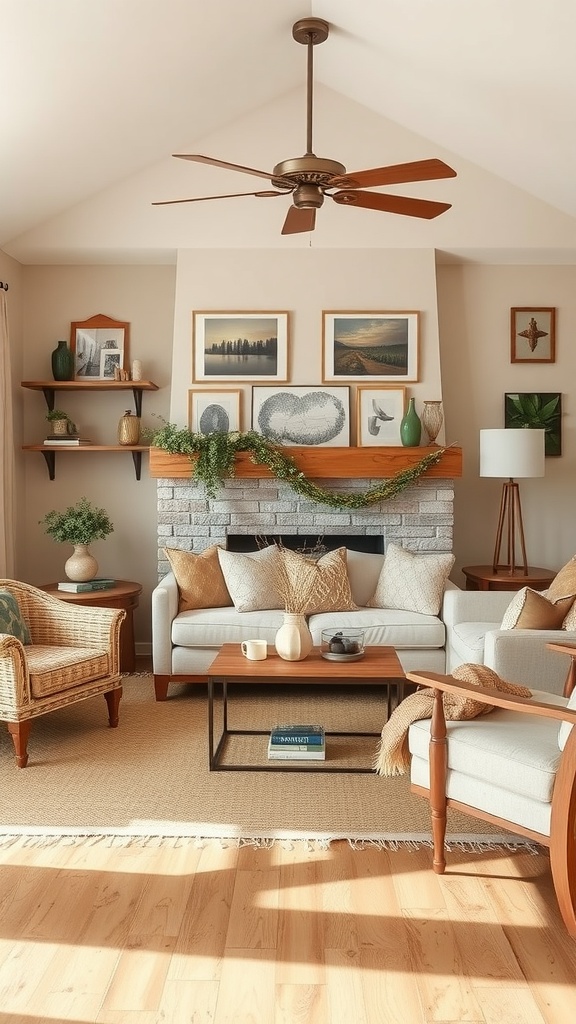 A cozy beige farmhouse living room featuring a light sofa, wicker chair, and decorated fireplace.