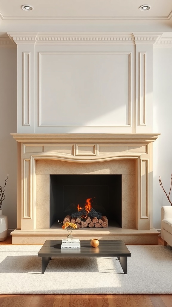 Beige living room featuring a fireplace with elegant molding, a black coffee table, and cozy decor.