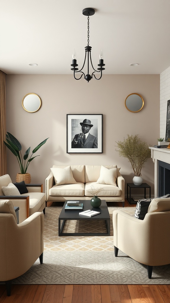 A beige living room featuring beige sofas, a dark coffee table, and a stylish chandelier.