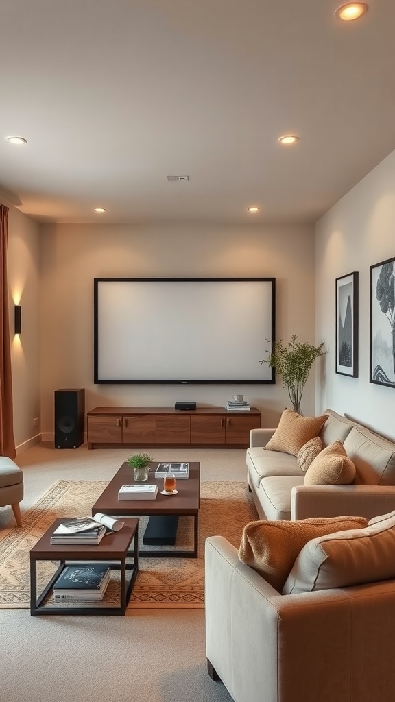 A cozy beige home theater with a large screen, comfortable seating, and warm lighting.