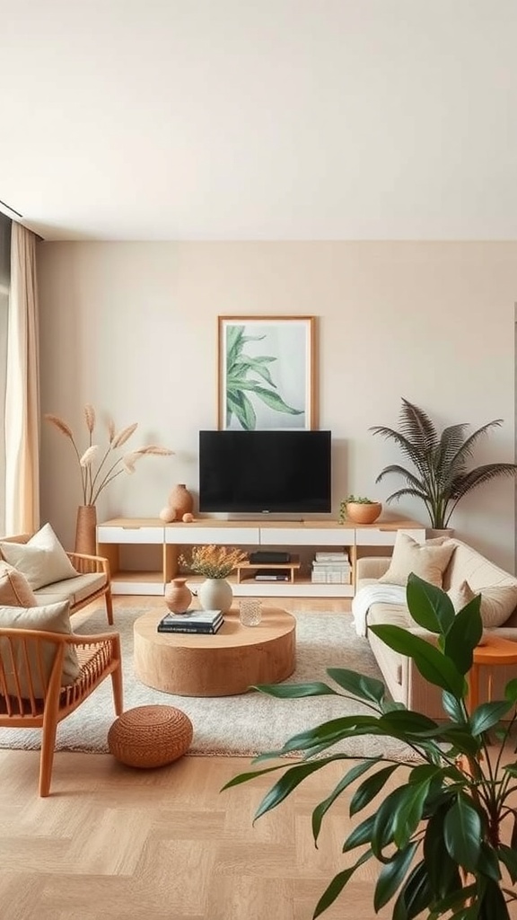 A cozy beige living room with plants, natural textures, and light wooden furniture.