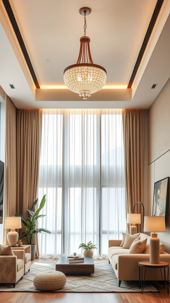 A beige living room with layered lighting, featuring a chandelier, table lamps, and natural light from large windows.