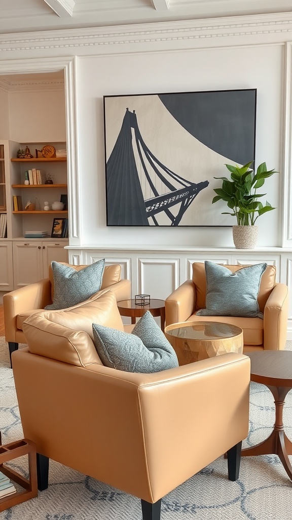 A living room featuring beige leather chairs with grey cushions, a decorative wooden table, and wall art.