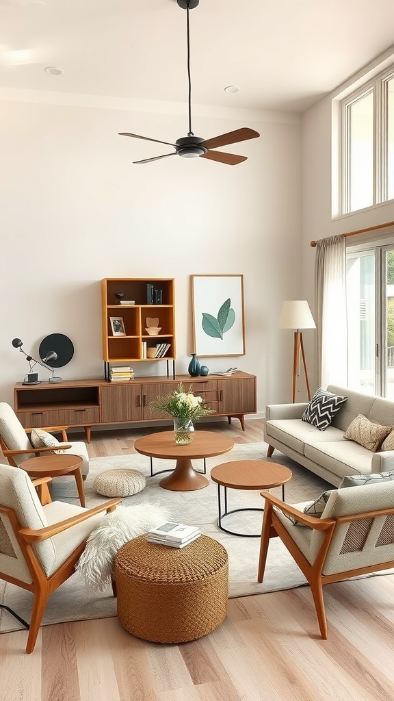 A beige mid-century modern living room featuring stylish furniture, natural light, and warm wood accents.