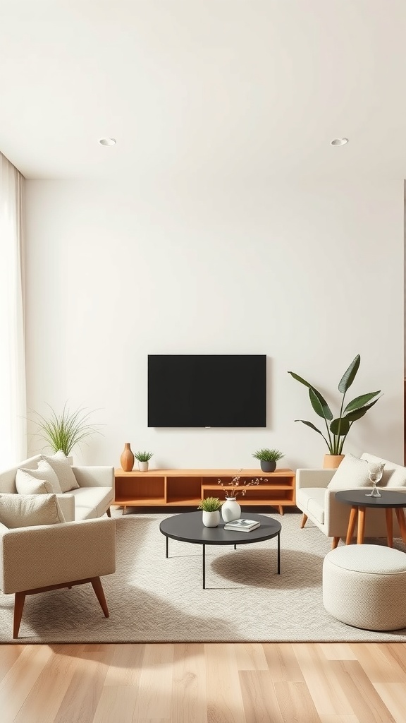 A cozy beige living room featuring light beige sofas, a round coffee table, and greenery.