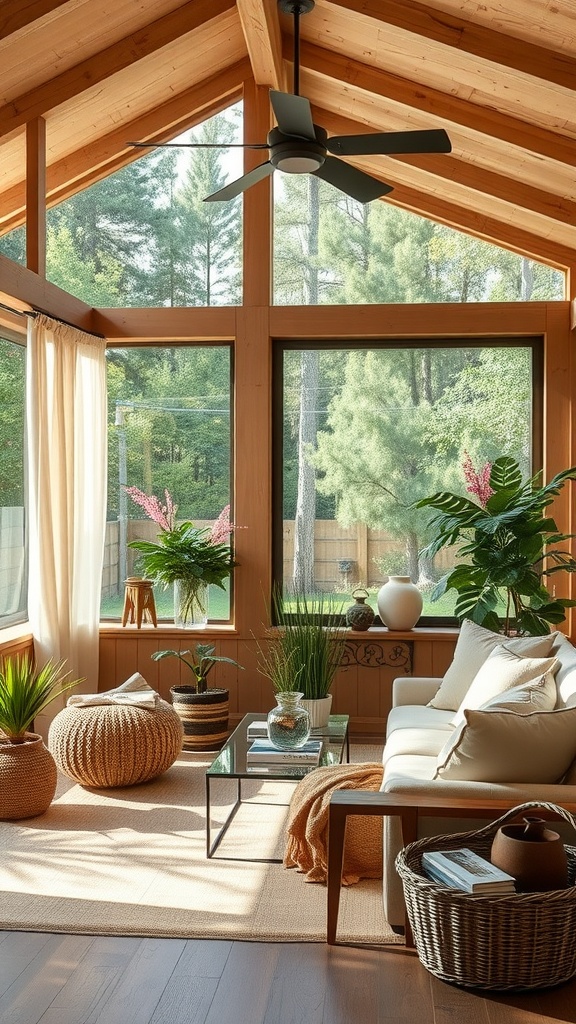 A cozy beige living room with large windows, plants, and natural light.