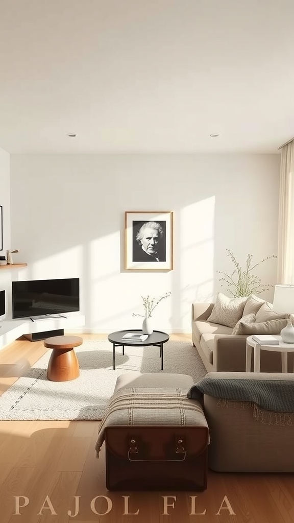 A beige Scandinavian living room featuring natural light, simple furniture, and a cozy atmosphere.