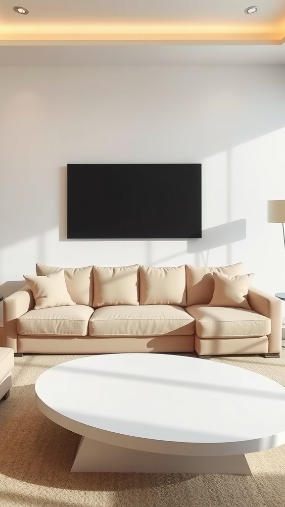 Cozy living room with a beige sectional sofa and a white coffee table