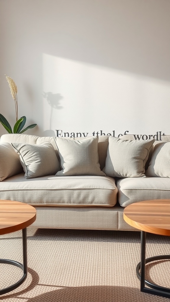 A beige sofa with grey throw pillows and wooden coffee tables, illuminated by natural light.