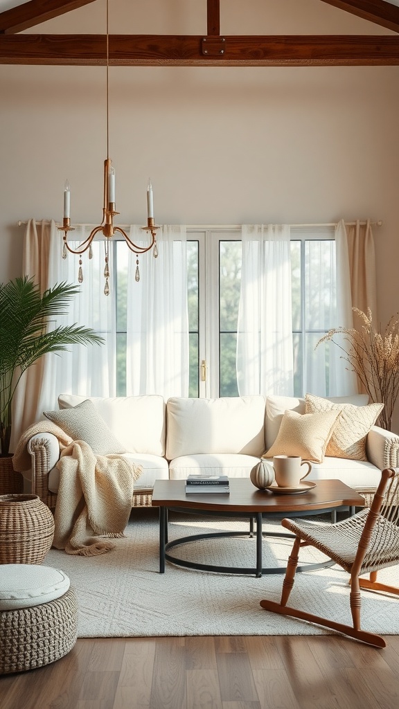 A cozy beige living room featuring a soft sofa with cushions, a coffee table, and natural elements.