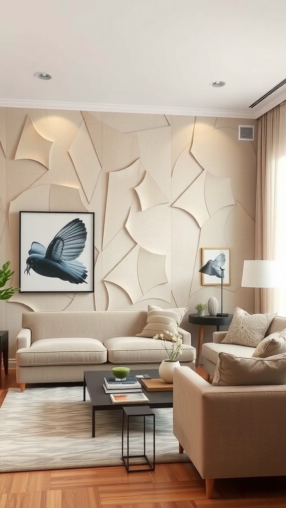 Living room featuring a beige textured wall treatment with modern furniture and decor