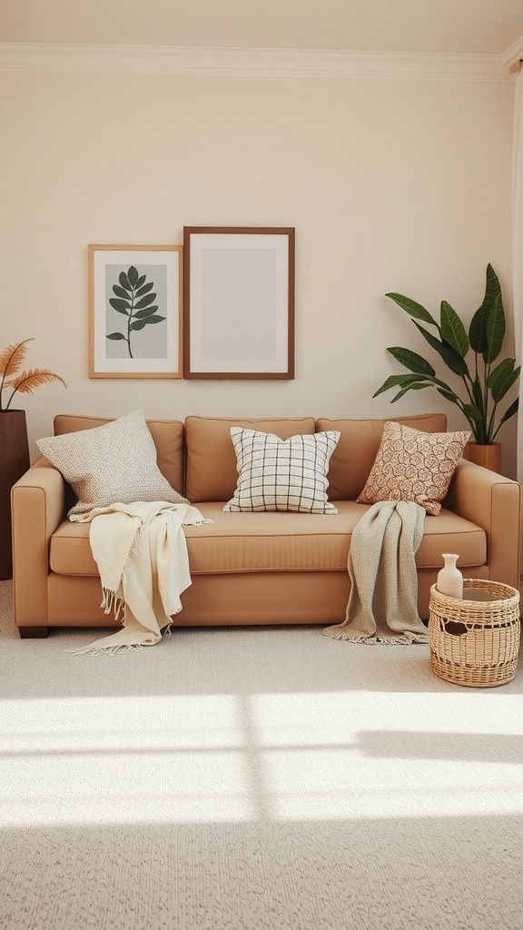 A cozy beige living room featuring a beige sofa adorned with various throw pillows and blankets, surrounded by plants and artwork.