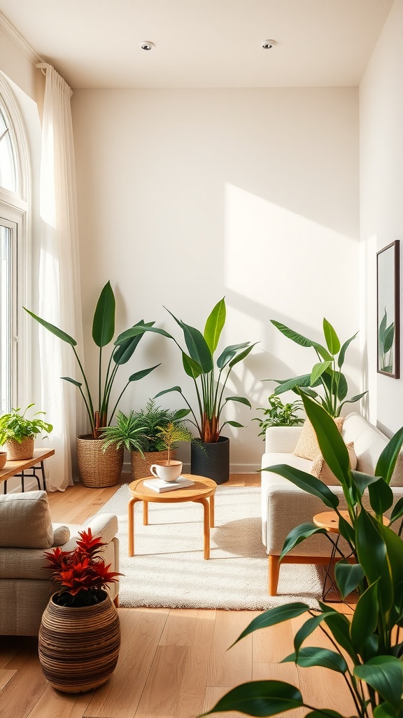 A beige living room featuring various indoor plants, light-colored sofas, and a wooden coffee table.