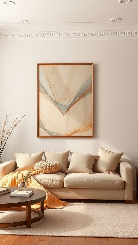 A cozy beige living room featuring an abstract wall art piece in soft earthy tones.