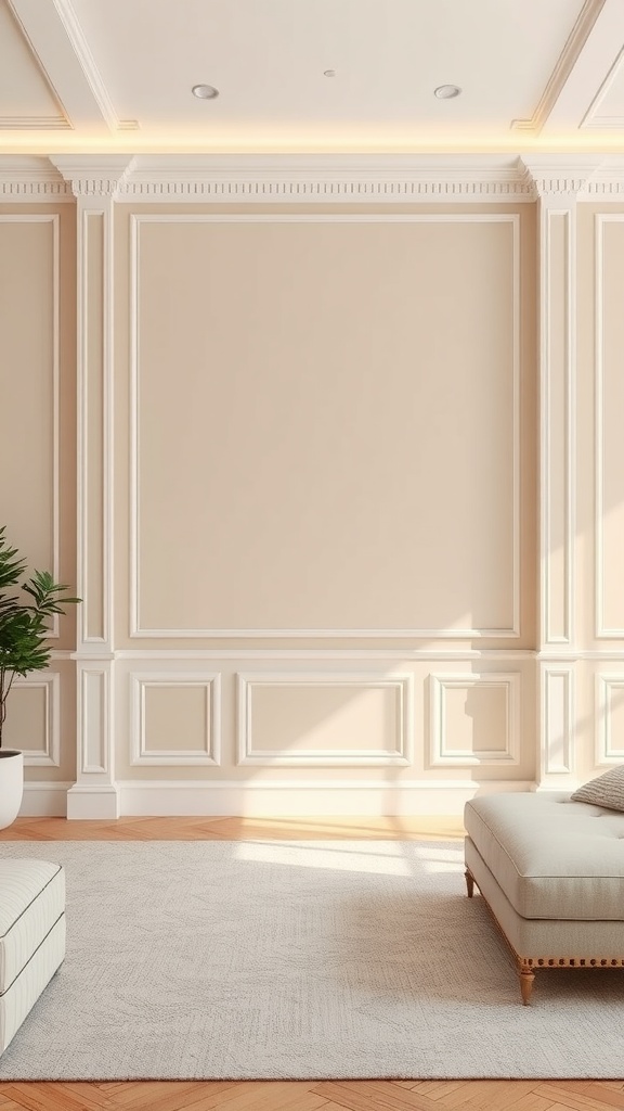 A living room with beige wall panels and white trim, featuring a comfortable sofa and a plant.