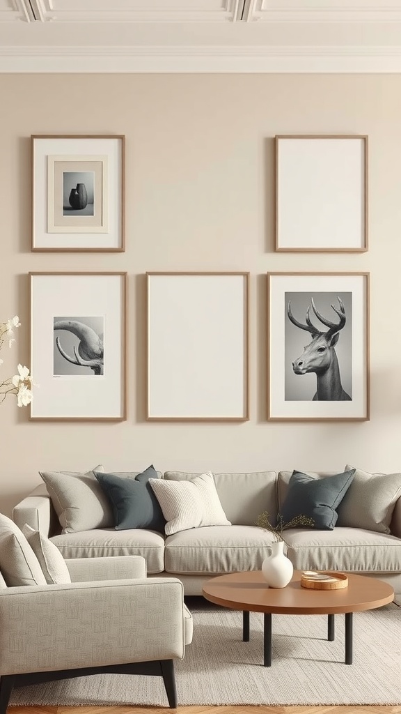 A cozy living room featuring beige walls and grey artwork displays, with plush furniture and warm wooden accents.