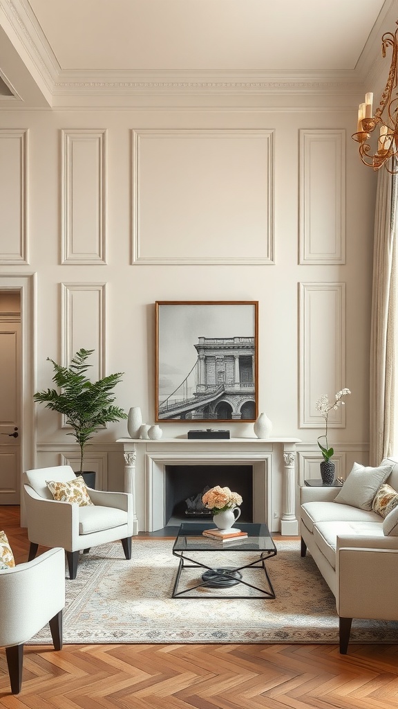 Living room featuring beige walls with grey trim, elegant decor, and a cozy ambiance.