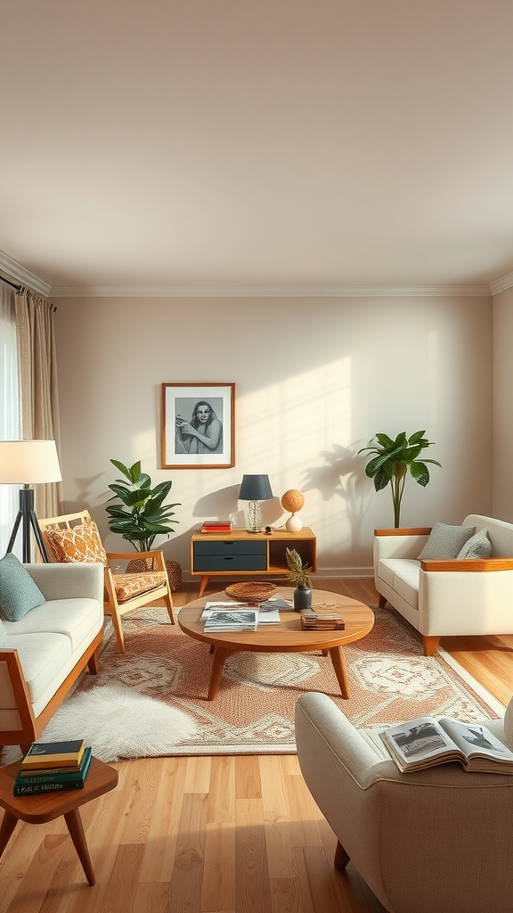 Cozy beige living room with retro furniture and warm lighting