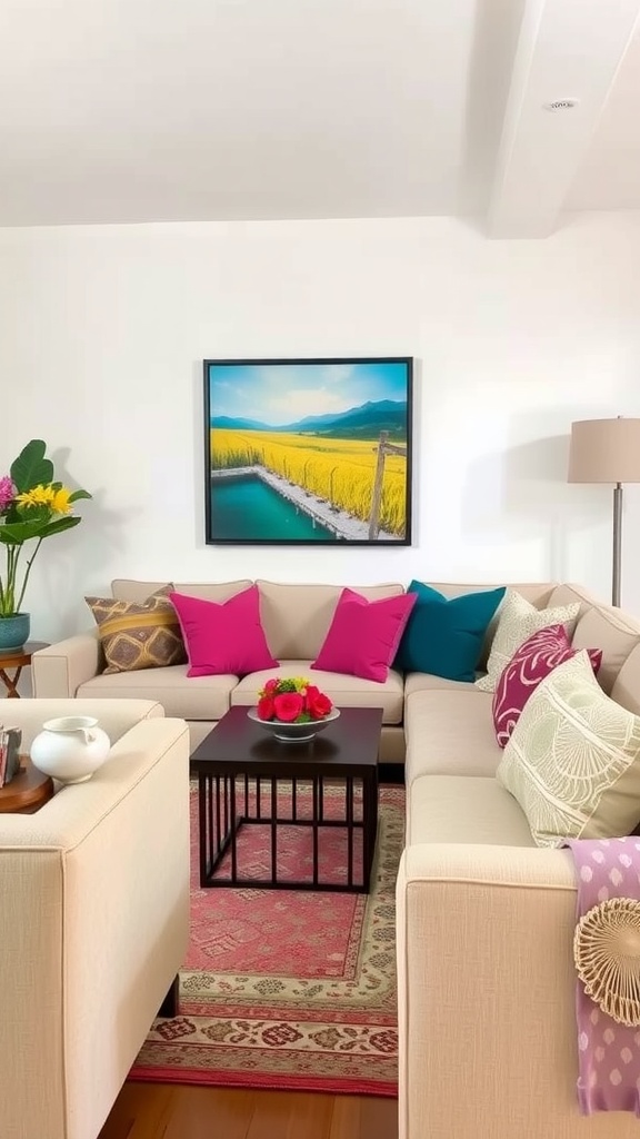 Living room with beige sectional sofa and vibrant cushions in pink and teal.