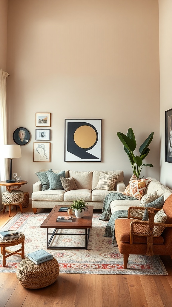 A cozy living room featuring beige walls, a beige sofa, an orange chair, and eclectic art pieces.